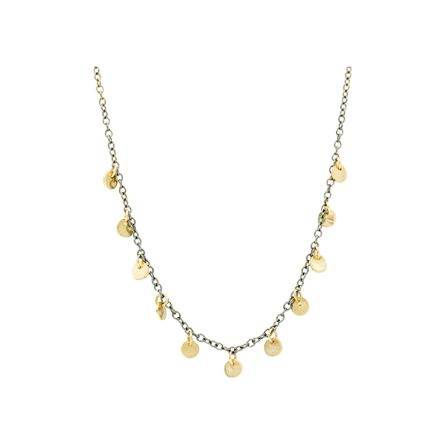 14k Yellow Gold Tiny Discs Necklace on Gold or Oxidized Silver Chain